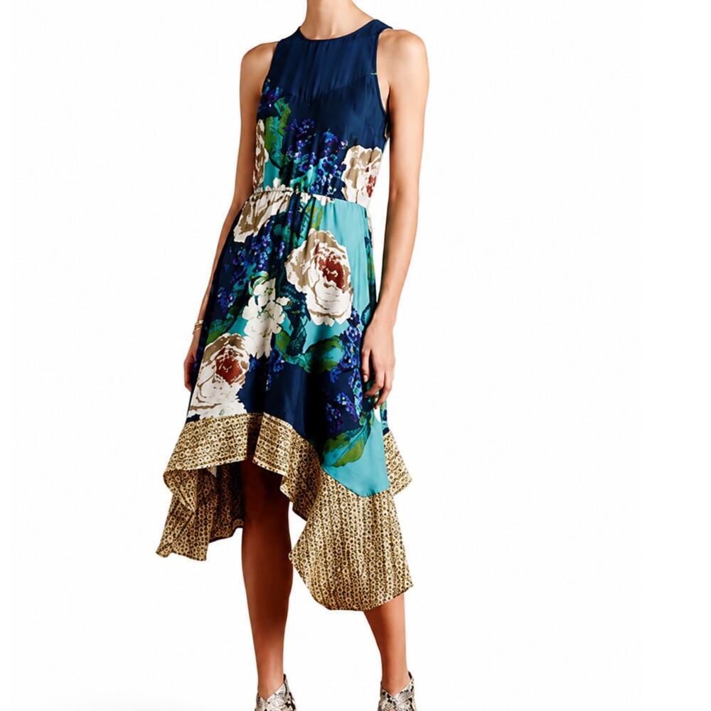 Anthropologie Corey Lynn Calter Floral Hi Low Midi Dress Blue Multi Size Medium